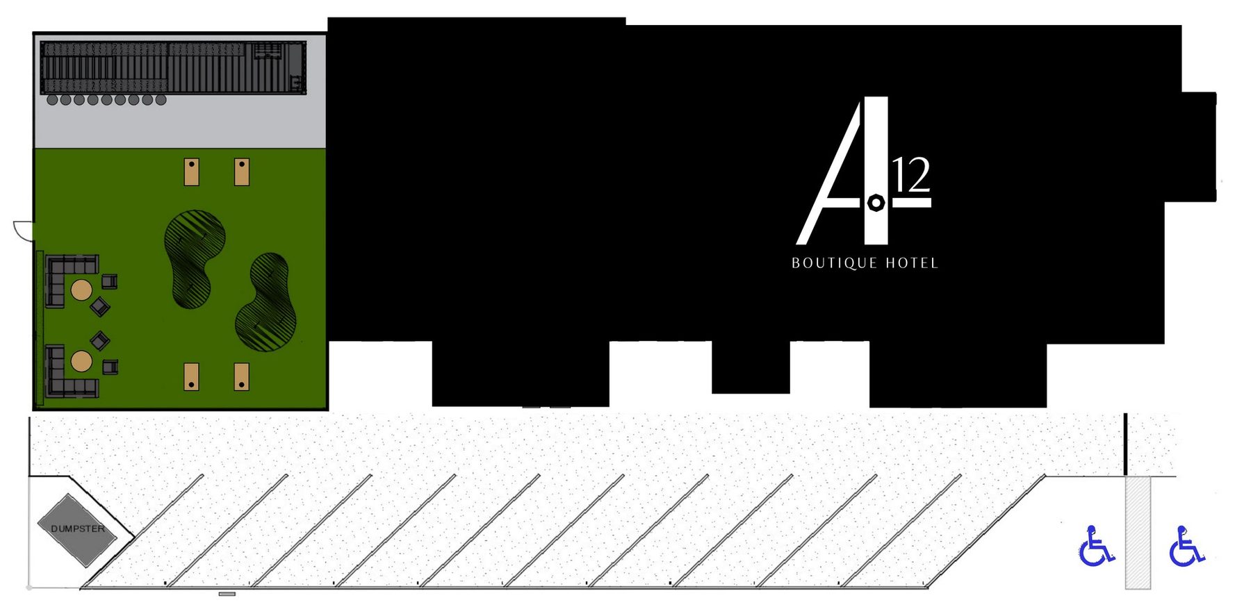 A12 Suites site plan at 410 S First Street showing the building, The Paddock courtyard, and the on-site parking lot
