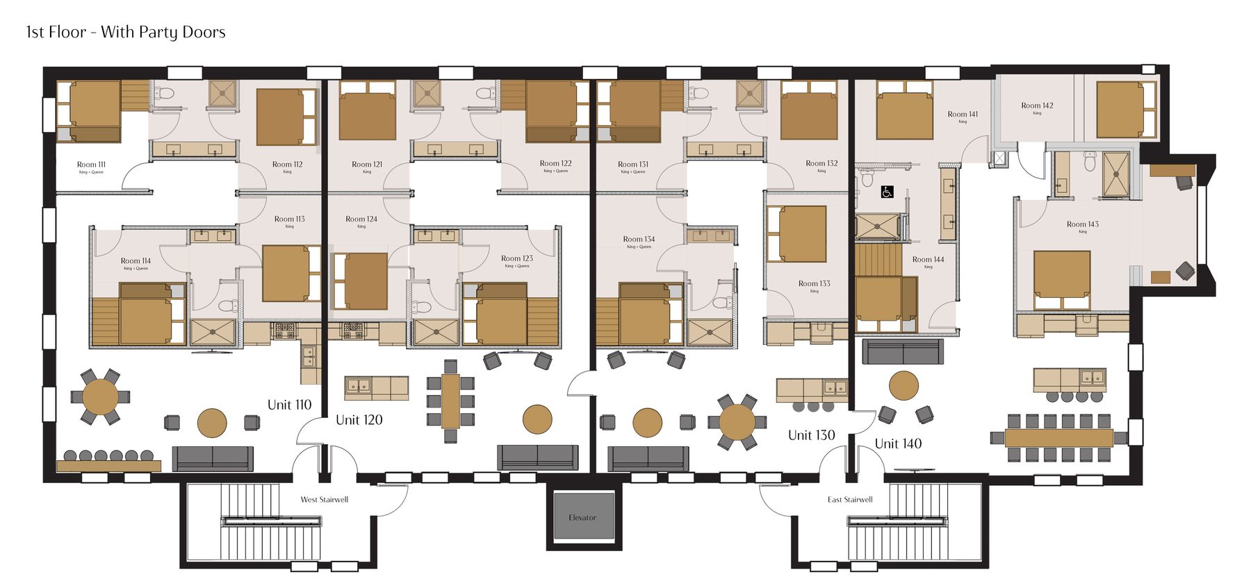 A12 Suites first floor plan with suites 110, 120, 130, and 140