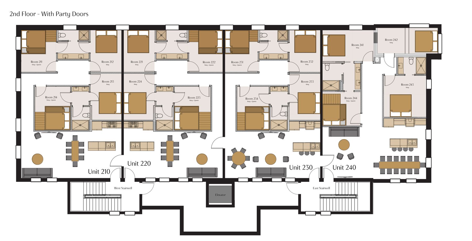 A12 Suites second floor plan with suites 210, 220, 230, and 240