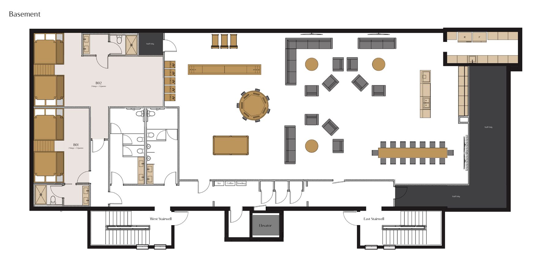 A12 Suites basement plan showing The Neighborhood House Speakeasy and bunk rooms B01 and B02
