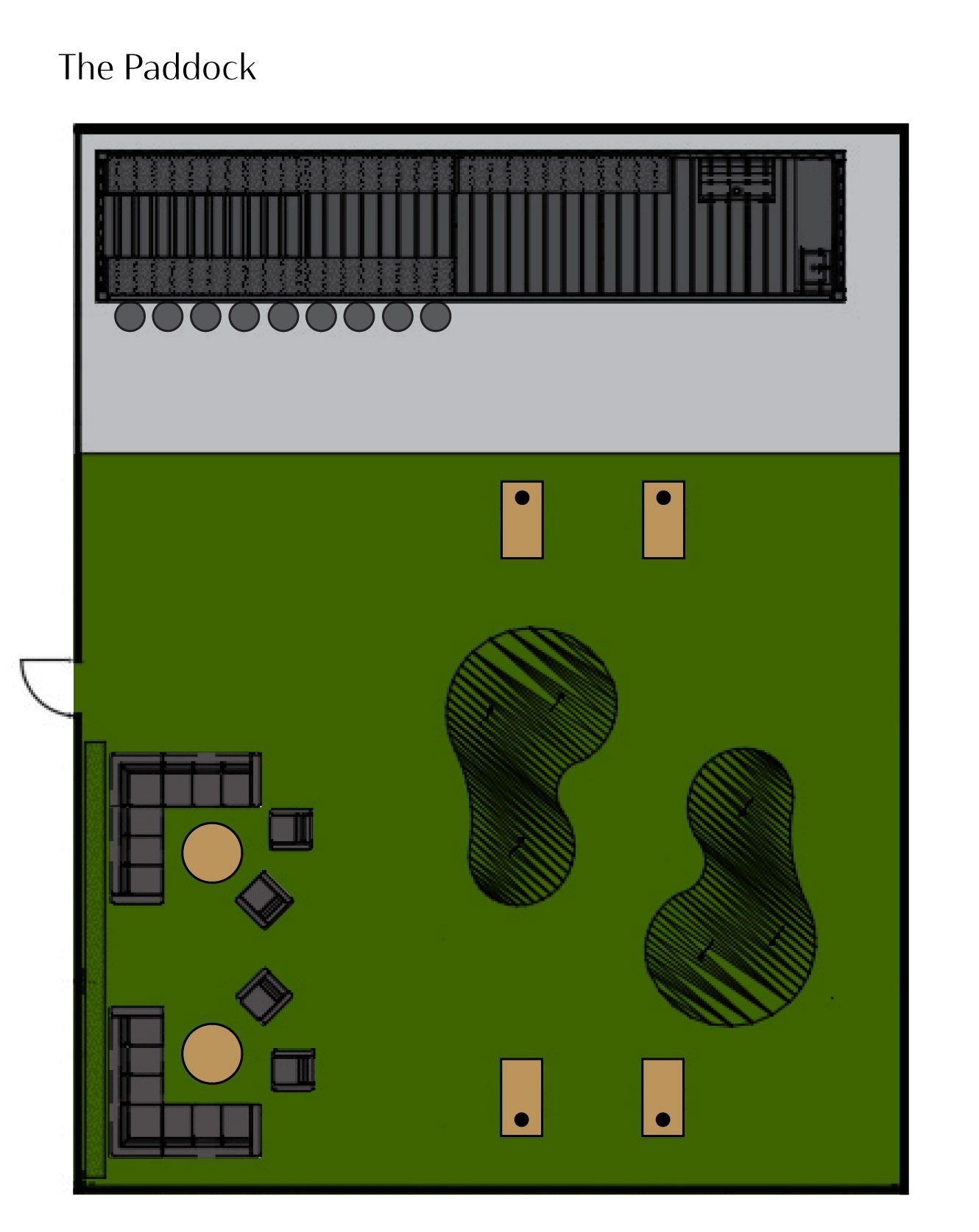 Plan of The Paddock courtyard at A12 Suites with the shipping container bar, lounge seating, and lawn