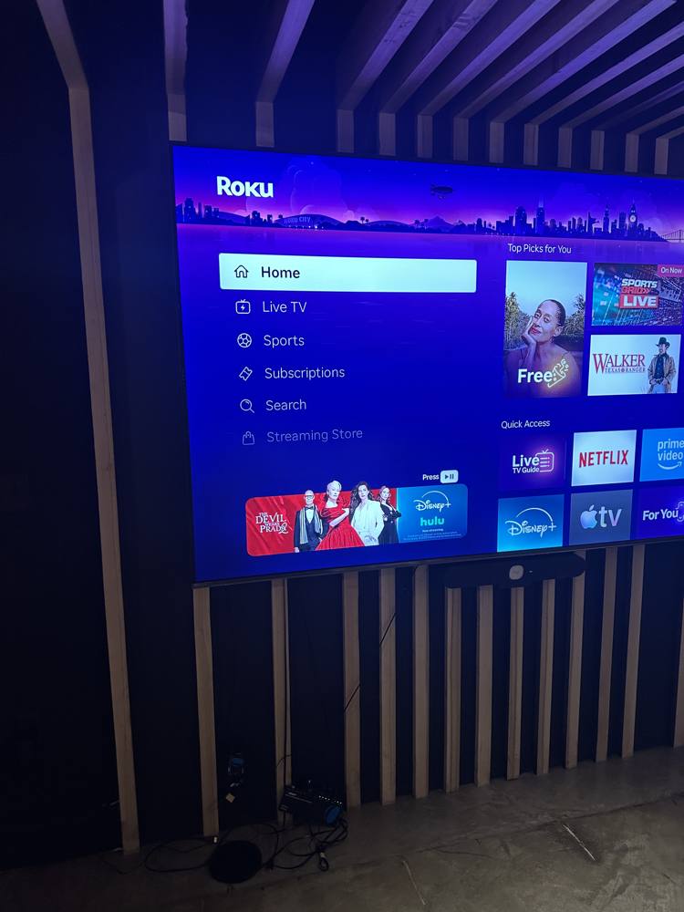Roku home screen on the 100 inch TV