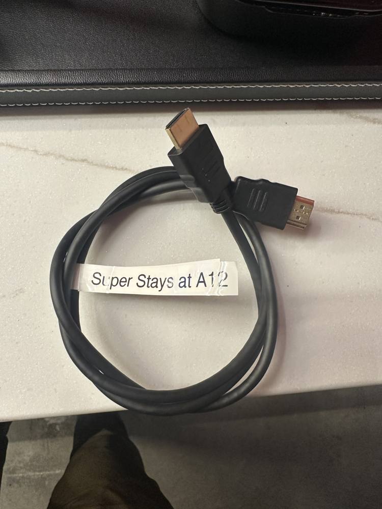 HDMI cable labeled Super Stays at A12
